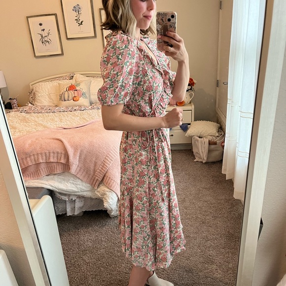 Pink Floral Ruffle Trim Wrap Midi Dress - Picture 6 of 8